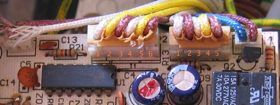 Pins 1 through 6 of 6-pin connector to the left and pins 1 through 5 of 5-pin connector to the right