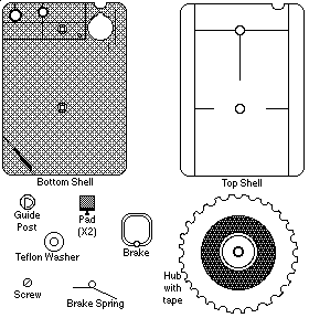 There are 11 pieces of a disassembled Fidelipac Mastercart, including 2 pads and 2 screws