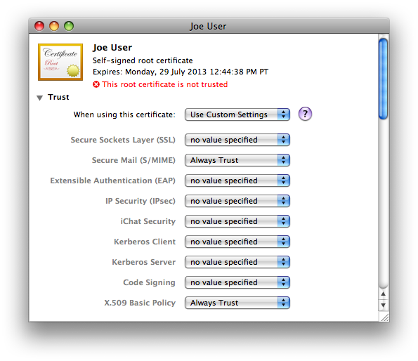 “When using this certificate:” now shows “Use Custom Settings”.