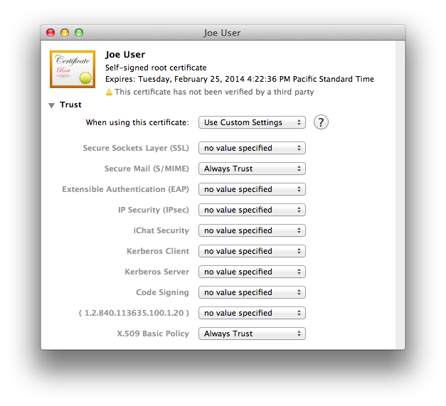 “When using this certificate:” now shows “Use Custom Settings”.
