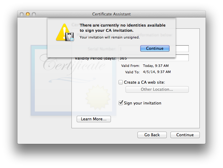 “There are currently no identities available to sign your CA invitation. Your invitation will remain unsigned.”
