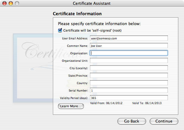 User Email Address, Common Name, Serial Number (defaults to 1) and Validity Period fields all filled in; all others blank.