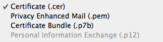 Certificates may be saved as Certificate (.cer), Privacy Enhanced Mail (.pem), or Certificate Bundle (.p7b).