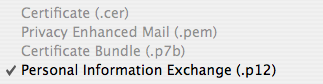 Personal Information Exchange (.p12) is the only option which can be selected.