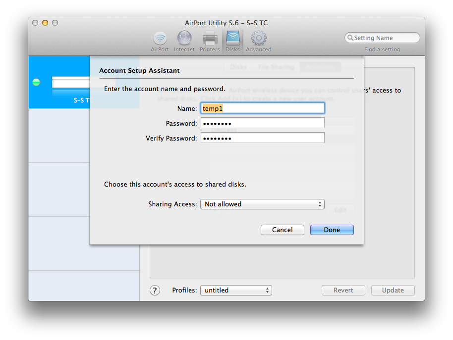 The Account Setup Assistant sheet has text boxes for account Name, Password, and Verify Password, and the Sharing Access pop-up list.